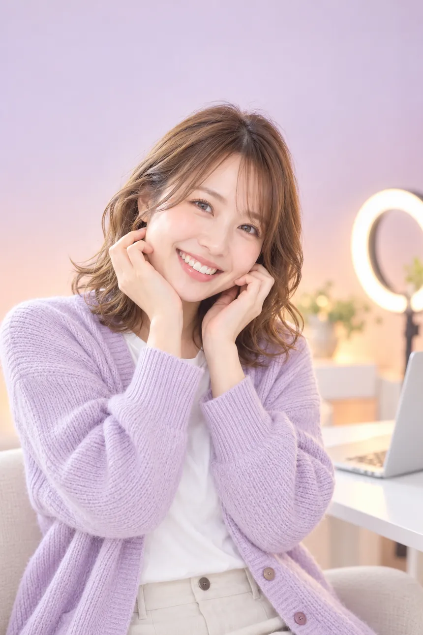 薄紫のカーディガンを着た女性が、両手をほおに当ててほほえむ写真（AIでつくったイメージ）