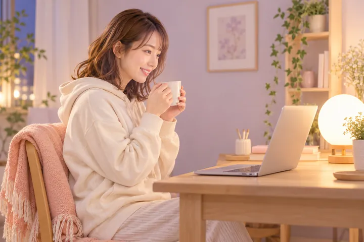 夜、マグカップを両手で持ち、ノートパソコンに向かってほほえむ女性(AIでつくったイメージ)